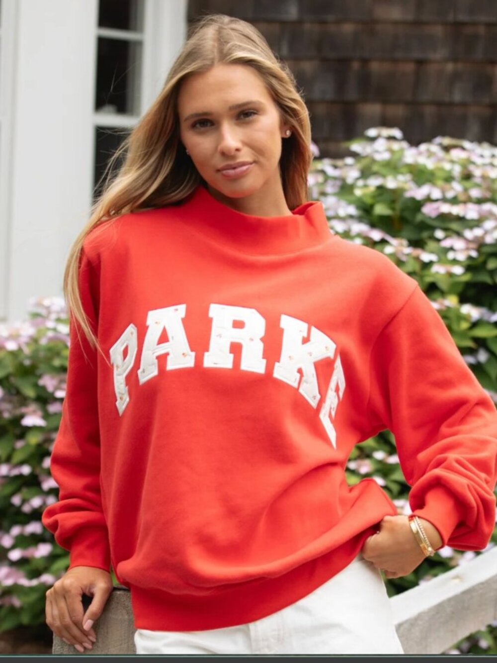 PARKE Varsity Mockneck Ruby Sunset Floral Sweatshirt L/XL NEW In Hand